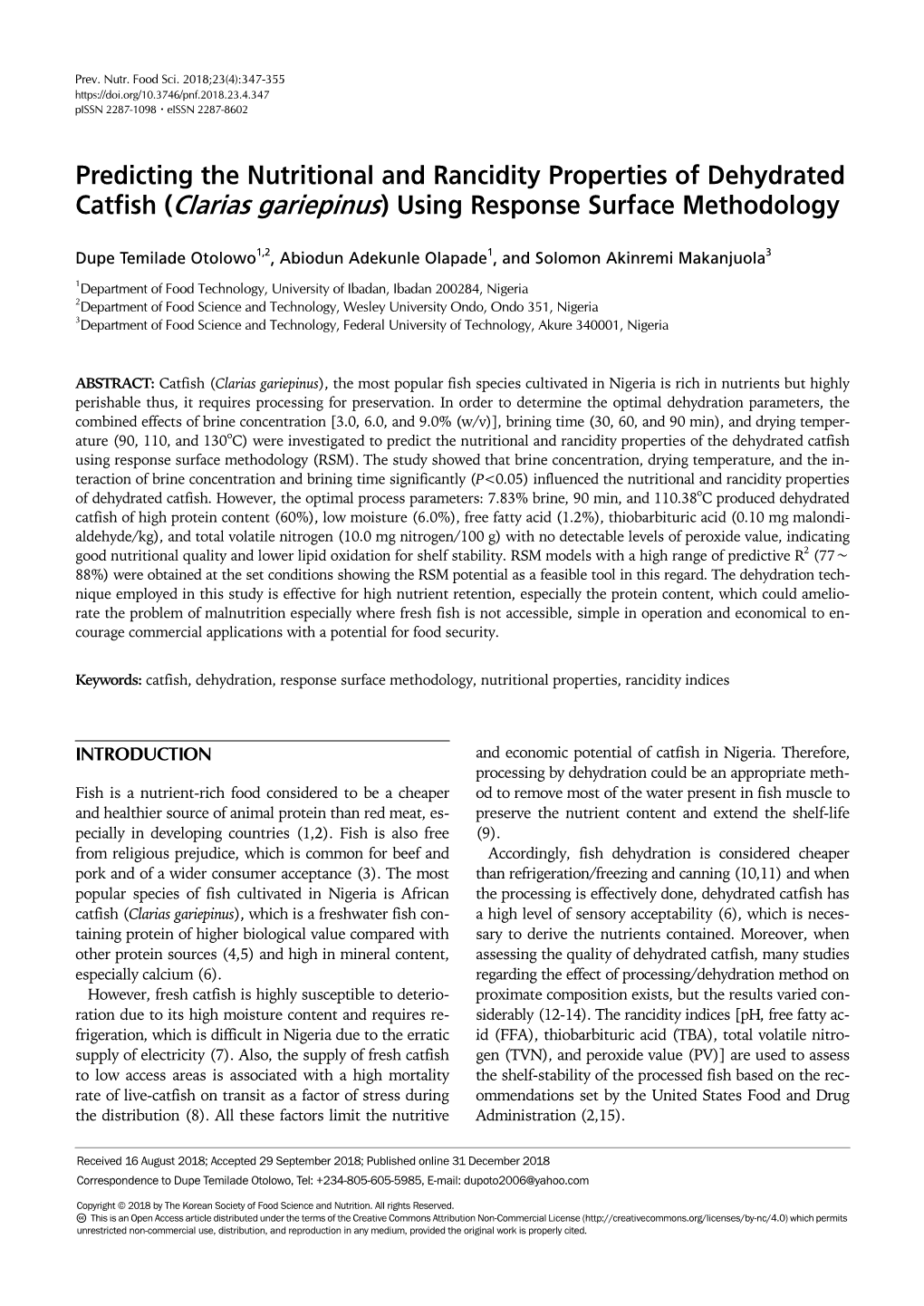 Predicting the Nutritional and Rancidity Properties of Dehydrated Catfish (Clarias Gariepinus) Using Response Surface Methodology