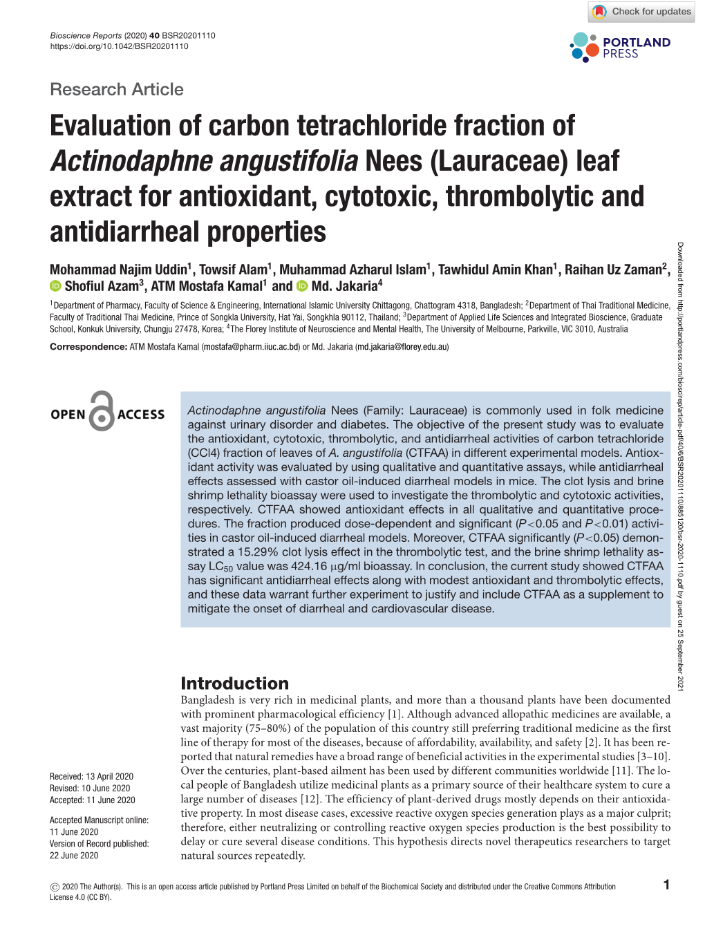 Evaluation of Carbon Tetrachloride Fraction of Actinodaphne Angustifolia Nees (Lauraceae) Leaf Extract for Antioxidant, Cytotoxic, Thrombolytic And