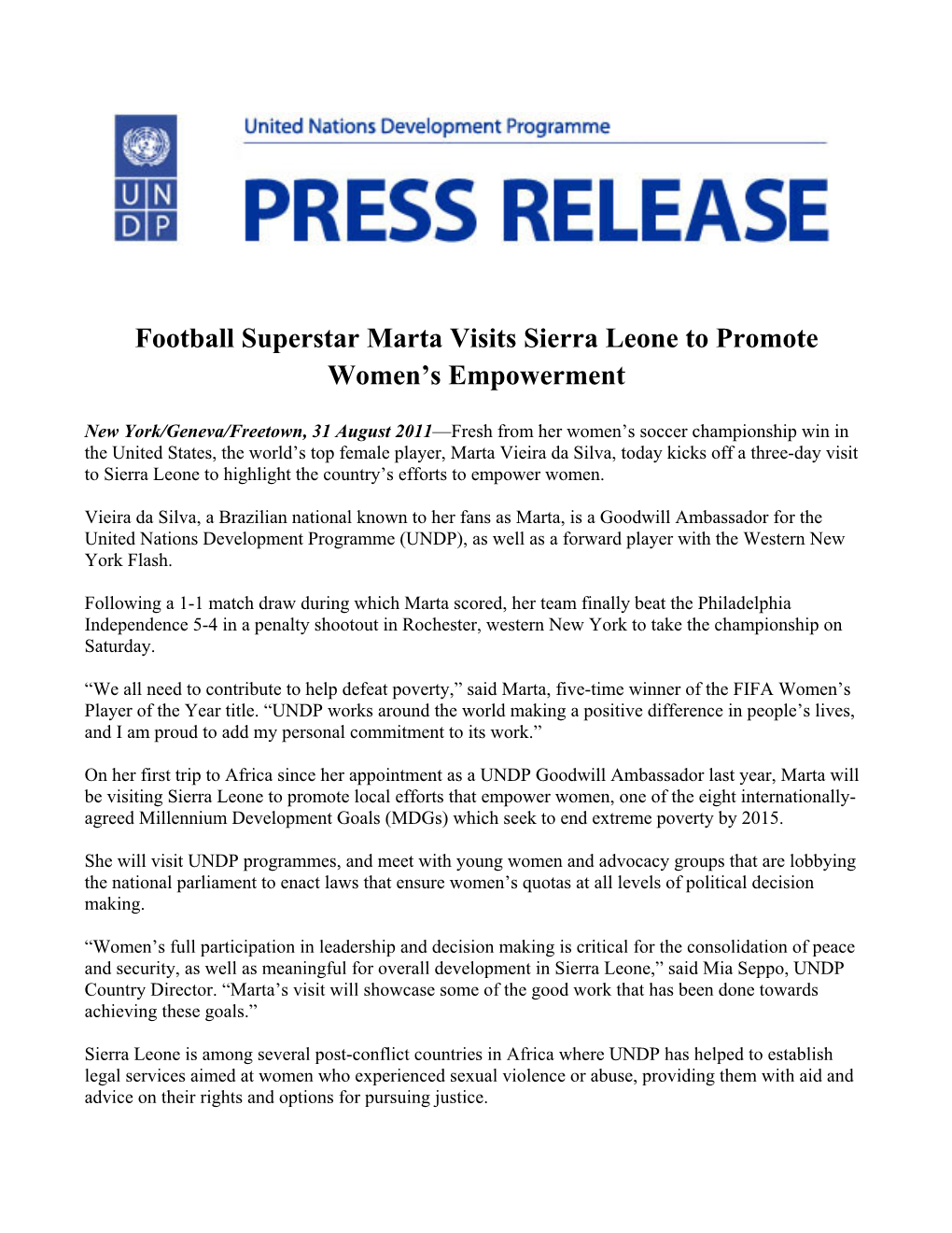 Football Superstar Marta Visits Sierra Leone to Promote Women's
