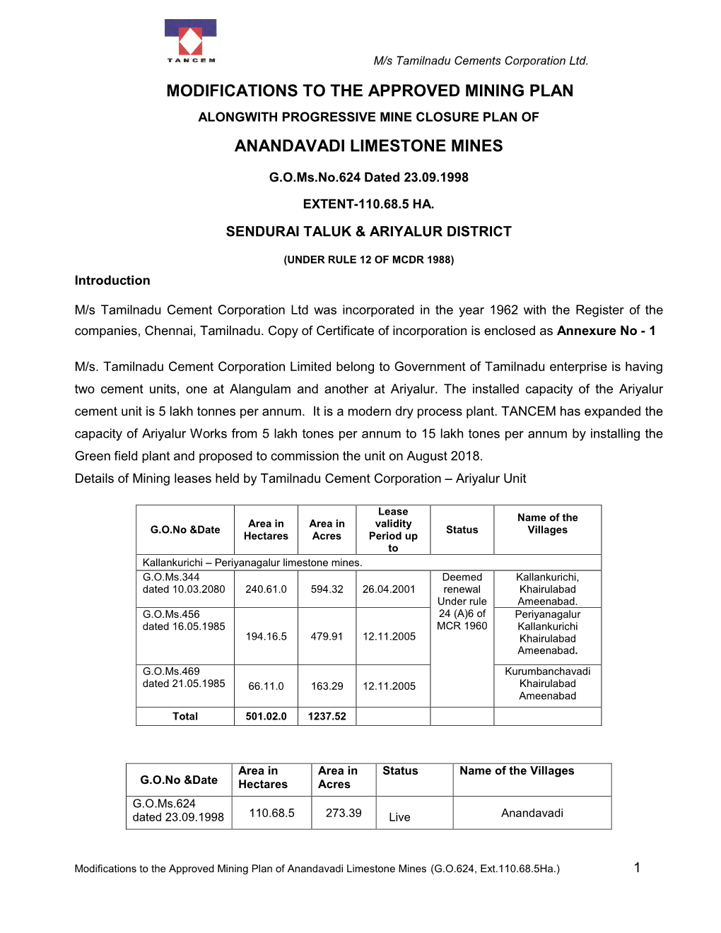 Modifications to the Approved Mining Plan Alongwith Progressive Mine Closure Plan of Anandavadi Limestone Mines