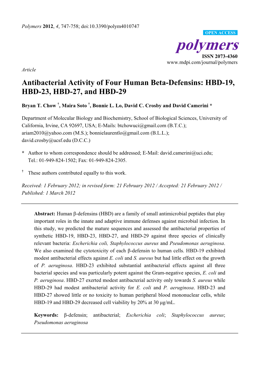 Antibacterial Activity of Four Human Beta-Defensins: HBD-19, HBD-23, HBD-27, and HBD-29