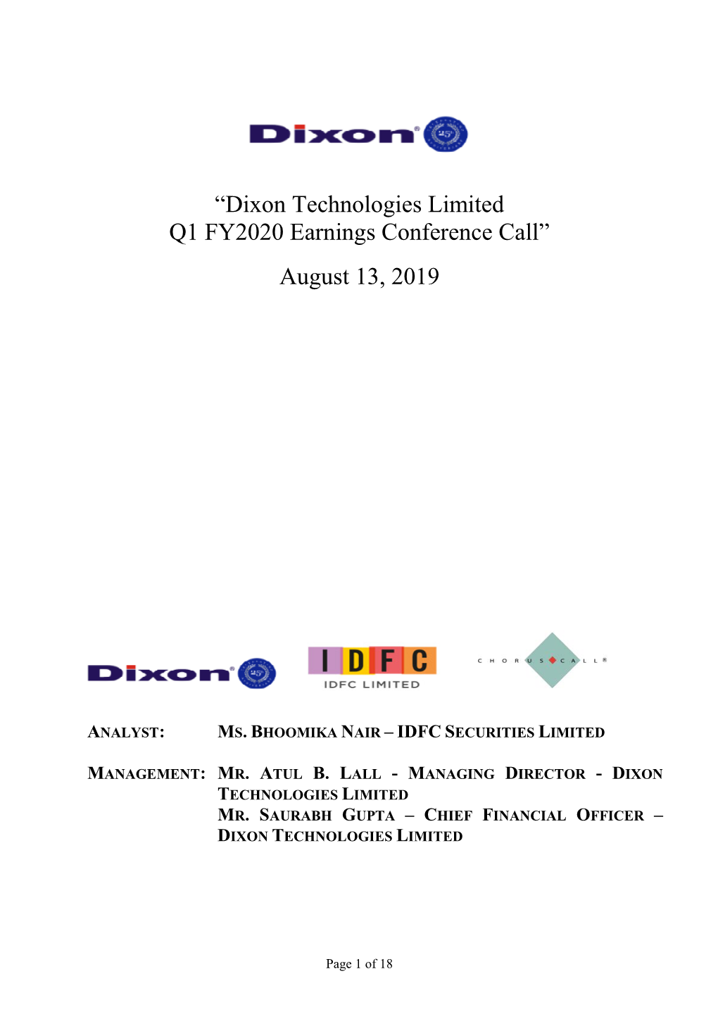 “Dixon Technologies Limited Q1 FY2020 Earnings Conference Call”