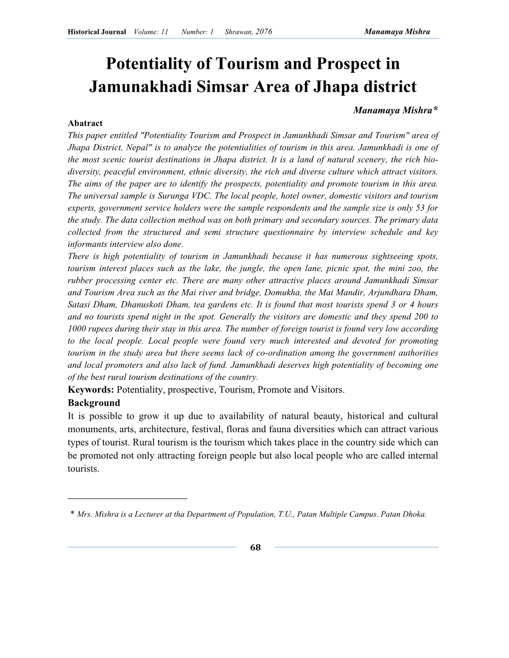 Potentiality of Tourism and Prospect in Jamunakhadi Simsar Area of Jhapa District