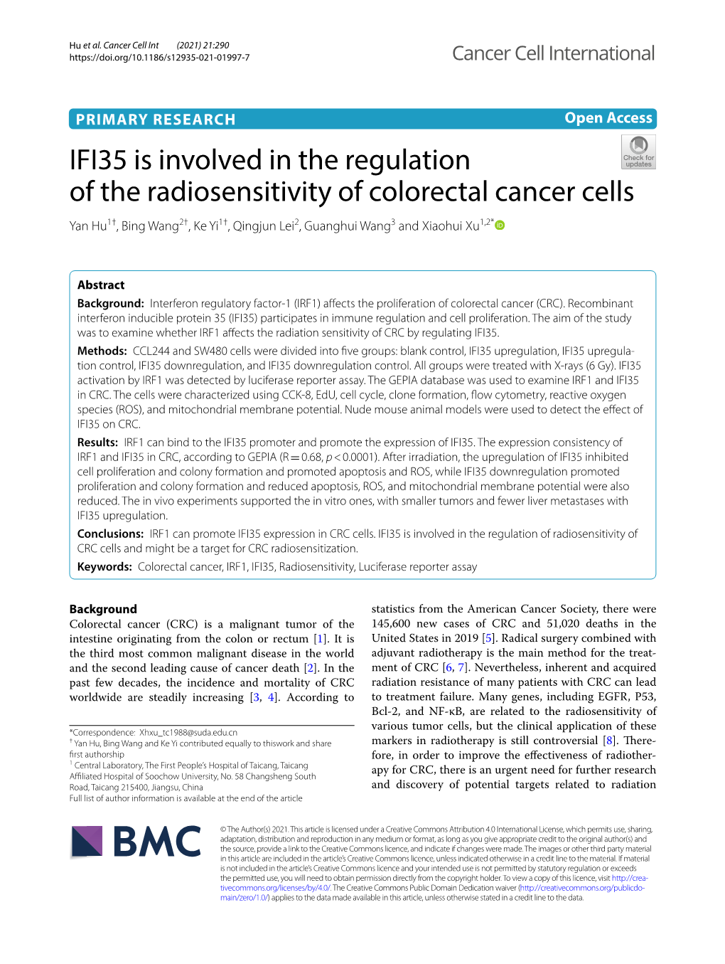 IFI35 Is Involved in the Regulation of the Radiosensitivity of Colorectal