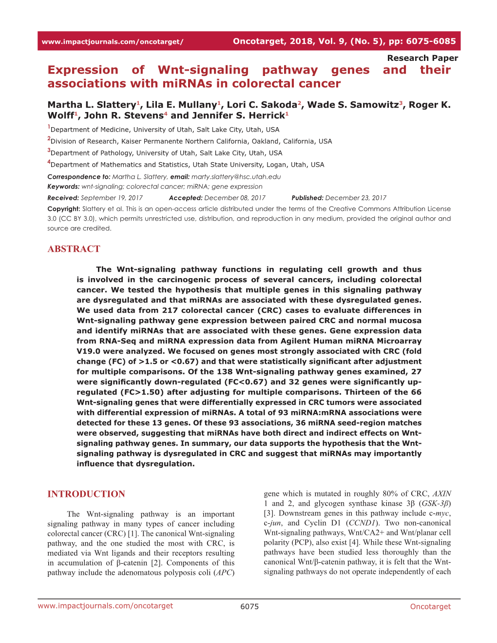 Expression of Wnt-Signaling Pathway Genes and Their Associations with Mirnas in Colorectal Cancer