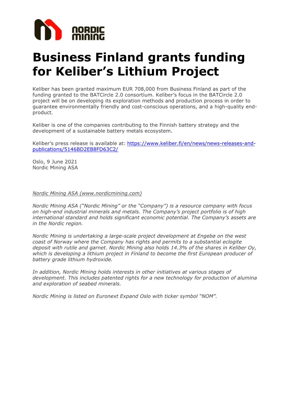 Business Finland Grants Funding for Keliber's Lithium Project