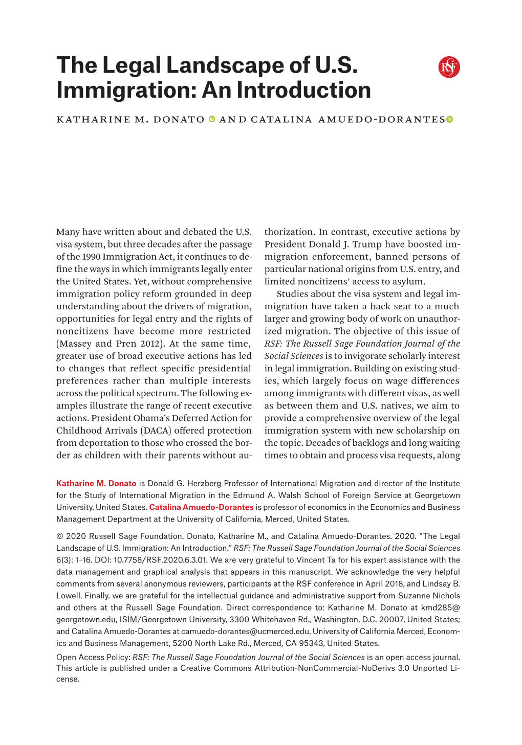 The Legal Landscape of U.S. Immigration: an Introduction.” RSF: the Russell Sage Foundation Journal of the Social Sciences 6(3): 1–16