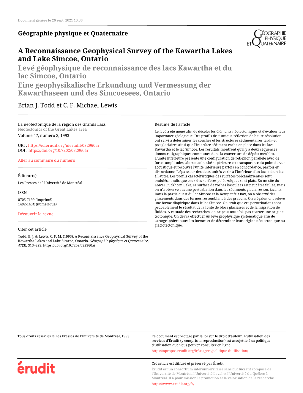 A Reconnaissance Geophysical Survey of the Kawartha Lakes And