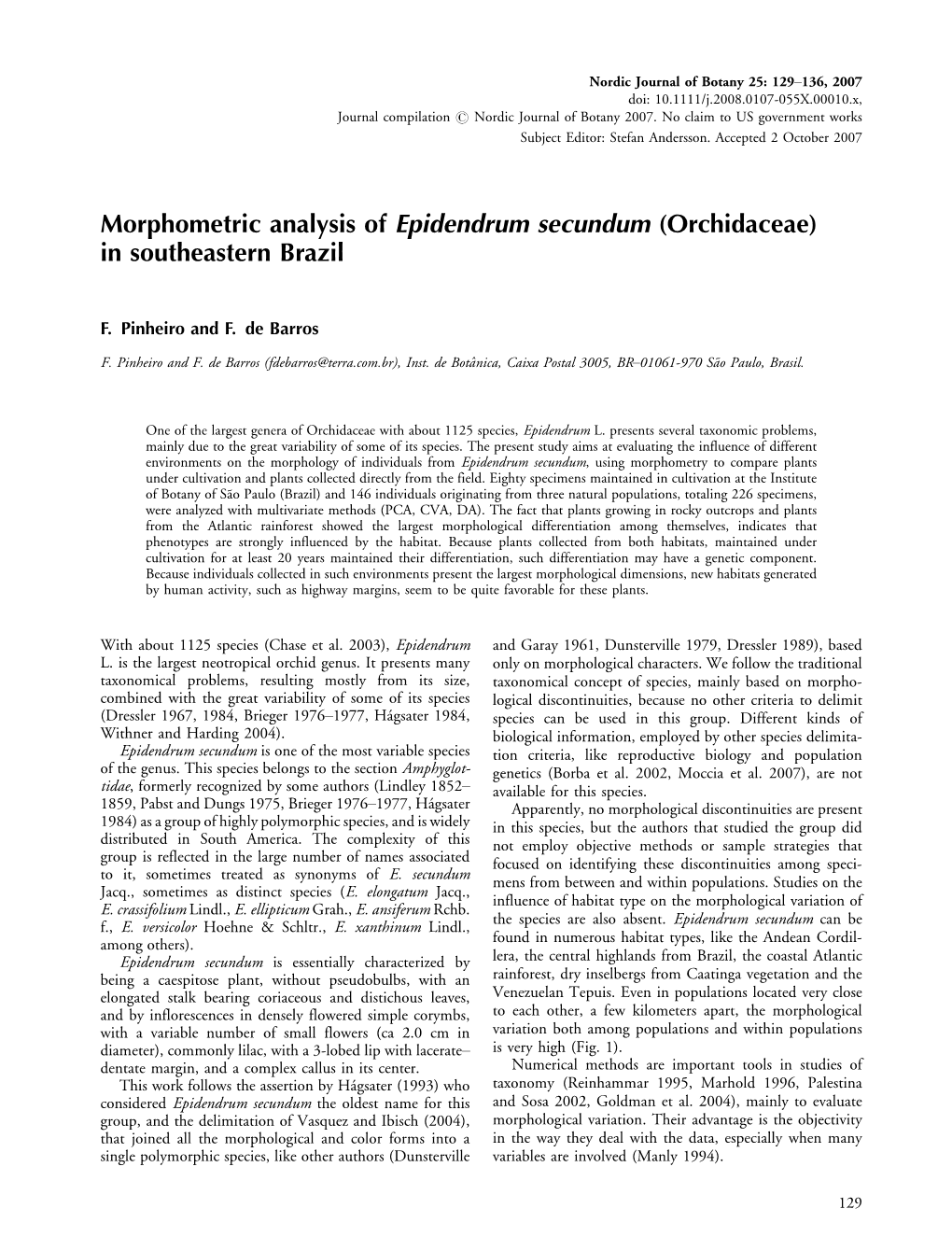 Morphometric Analysis of Epidendrum Secundum (Orchidaceae) in Southeastern Brazil