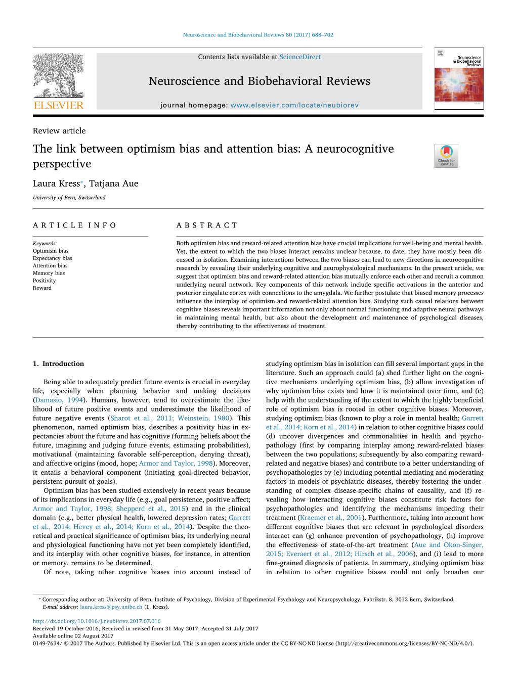 The Link Between Optimism Bias and Attention Bias a Neurocognitive