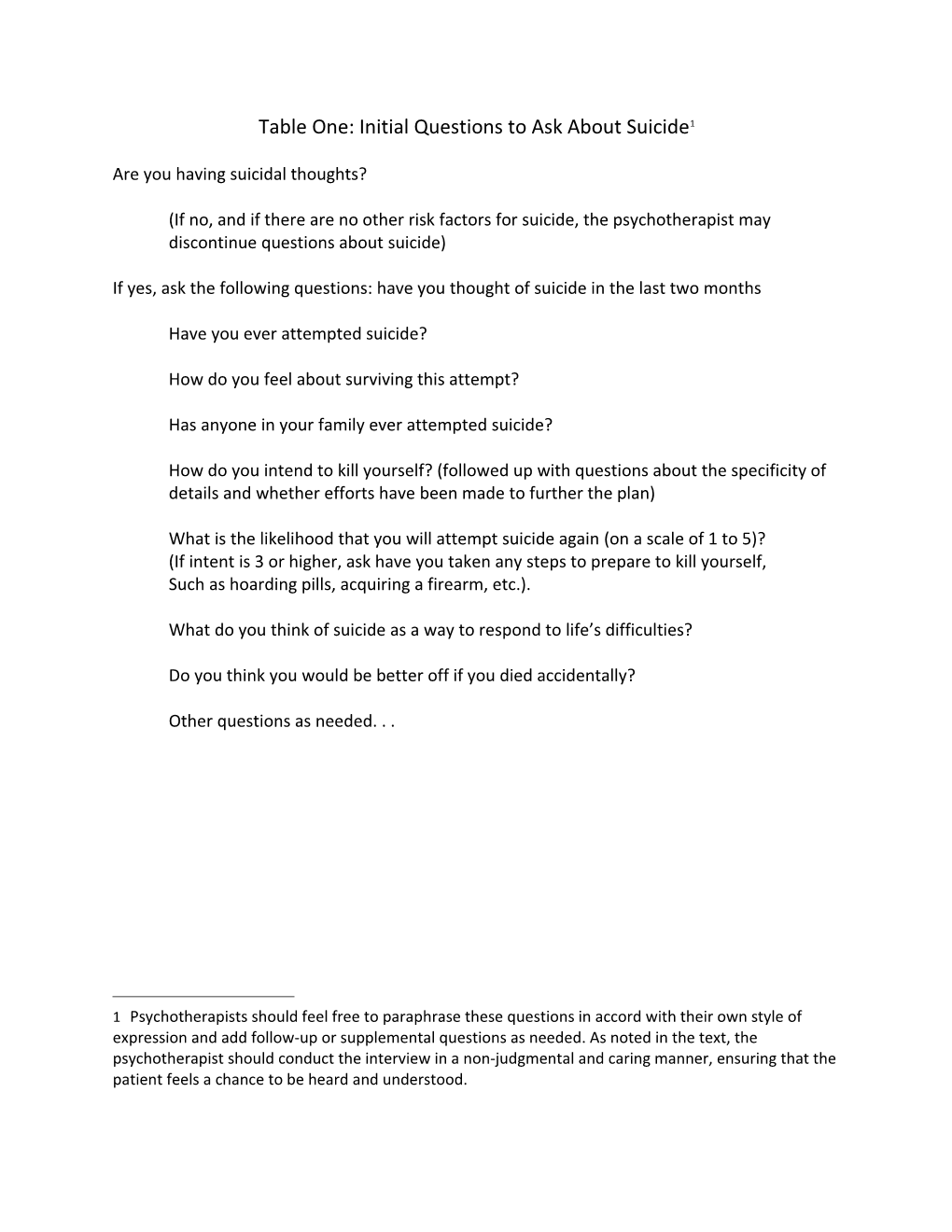 Table One: Initial Questions to Ask About Suicide 1