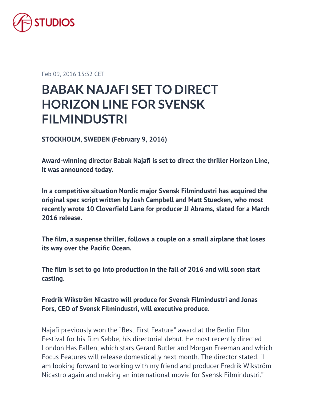 Babak Najafi Set to Direct Horizon Line for Svensk Filmindustri