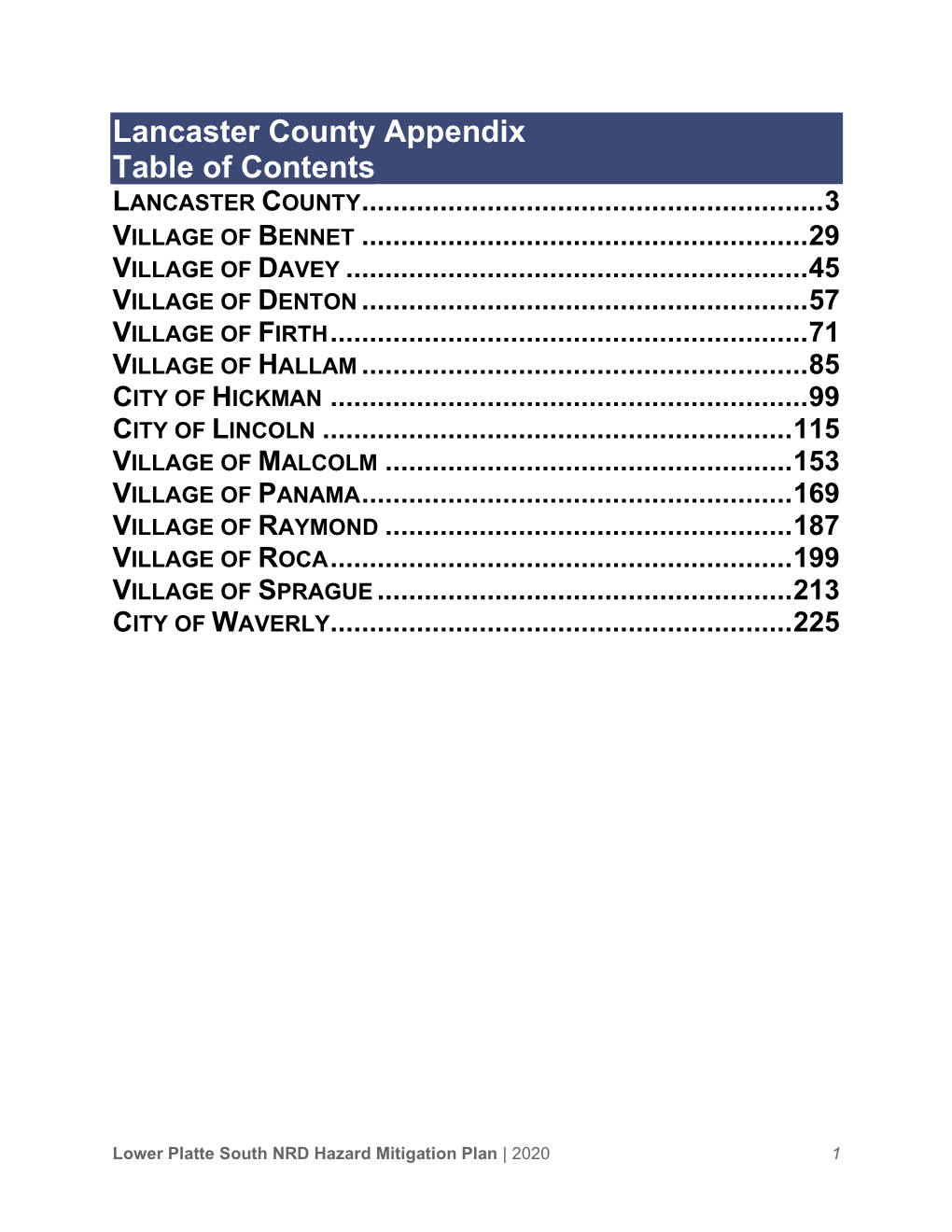 Lancaster County Appendix Table of Contents LANCASTER COUNTY