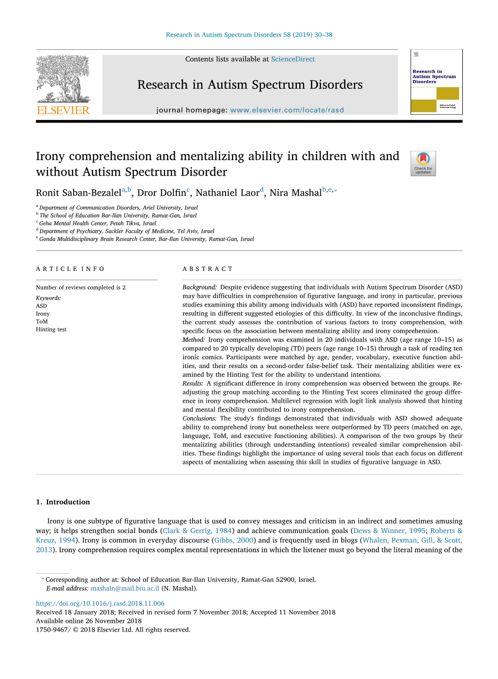 Research in Autism Spectrum Disorders 58 (2019) 30–38