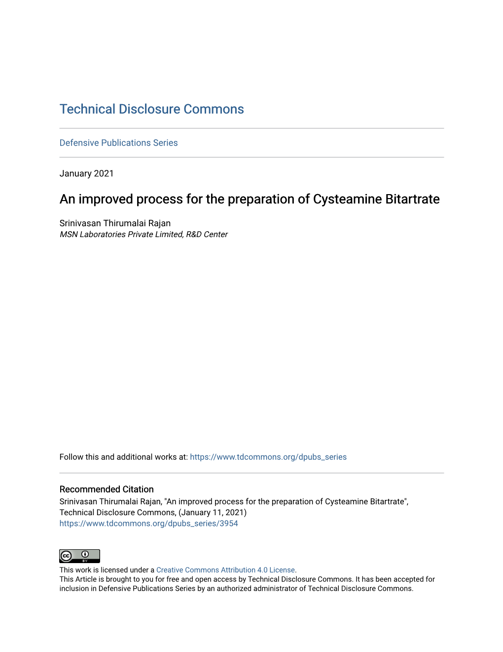 An Improved Process for the Preparation of Cysteamine Bitartrate