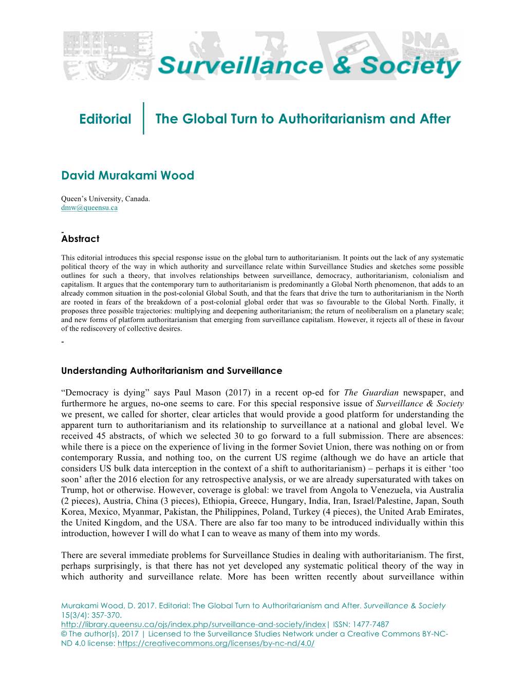 Editorial the Global Turn to Authoritarianism and After