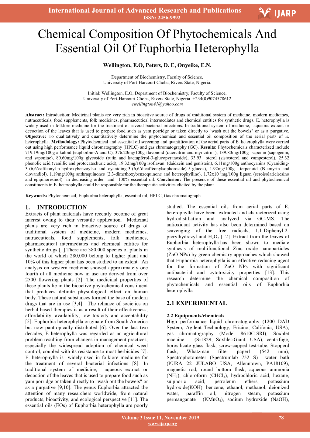 Chemical Composition of Phytochemicals and Essential Oil of Euphorbia Heterophylla