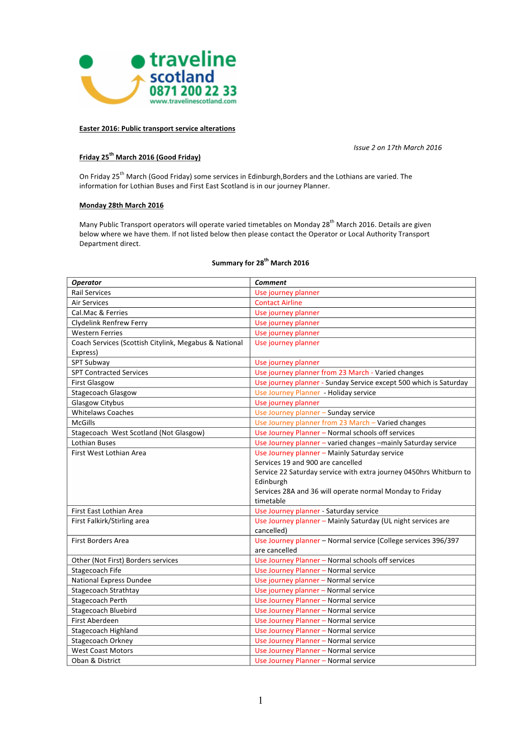 Easter 2016: Public Transport Service Alterations Issue 2 on 17Th