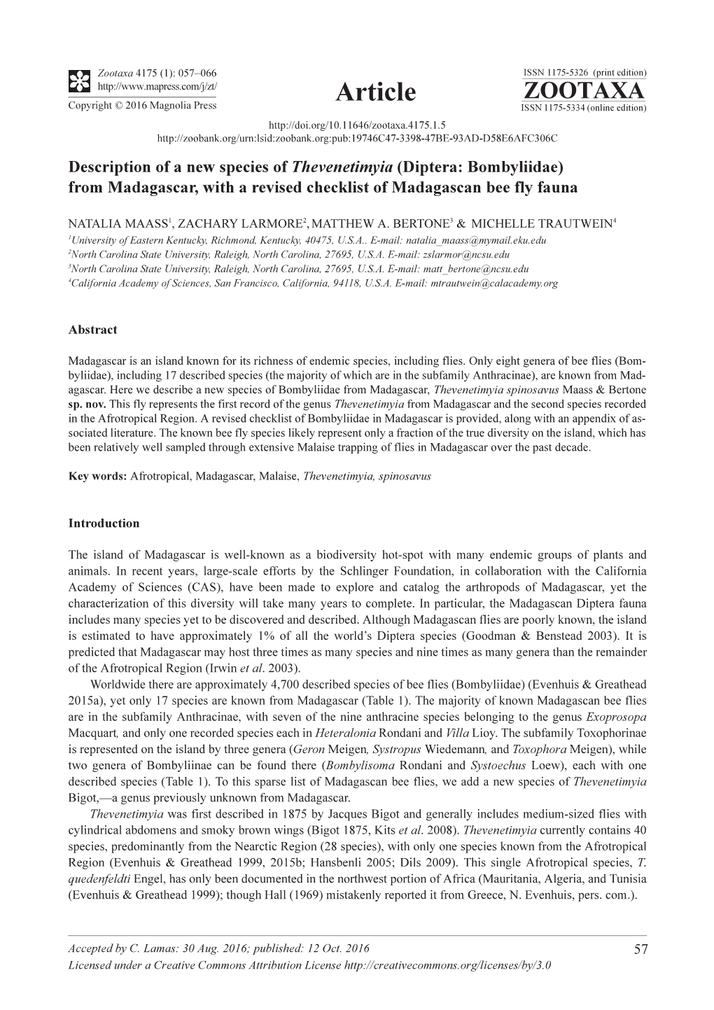 Description of a New Species of Thevenetimyia (Diptera: Bombyliidae) from Madagascar, with a Revised Checklist of Madagascan Bee Fly Fauna