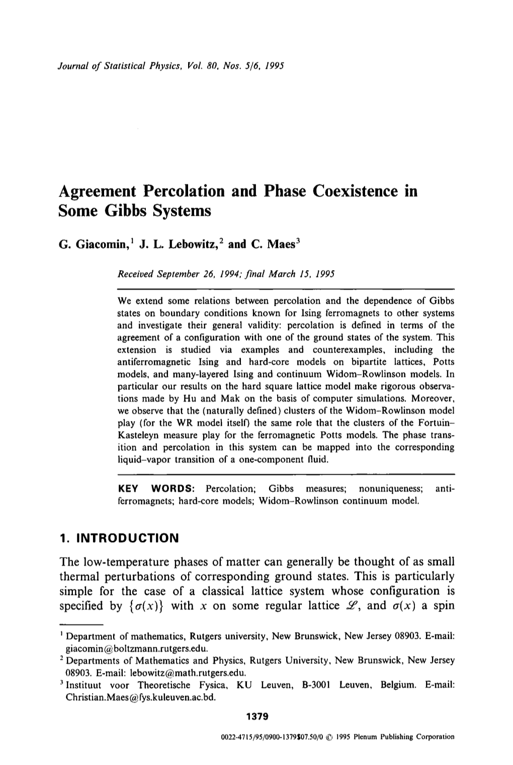 Agreement Percolation and Phase Coexistence in Some Gibbs Systems