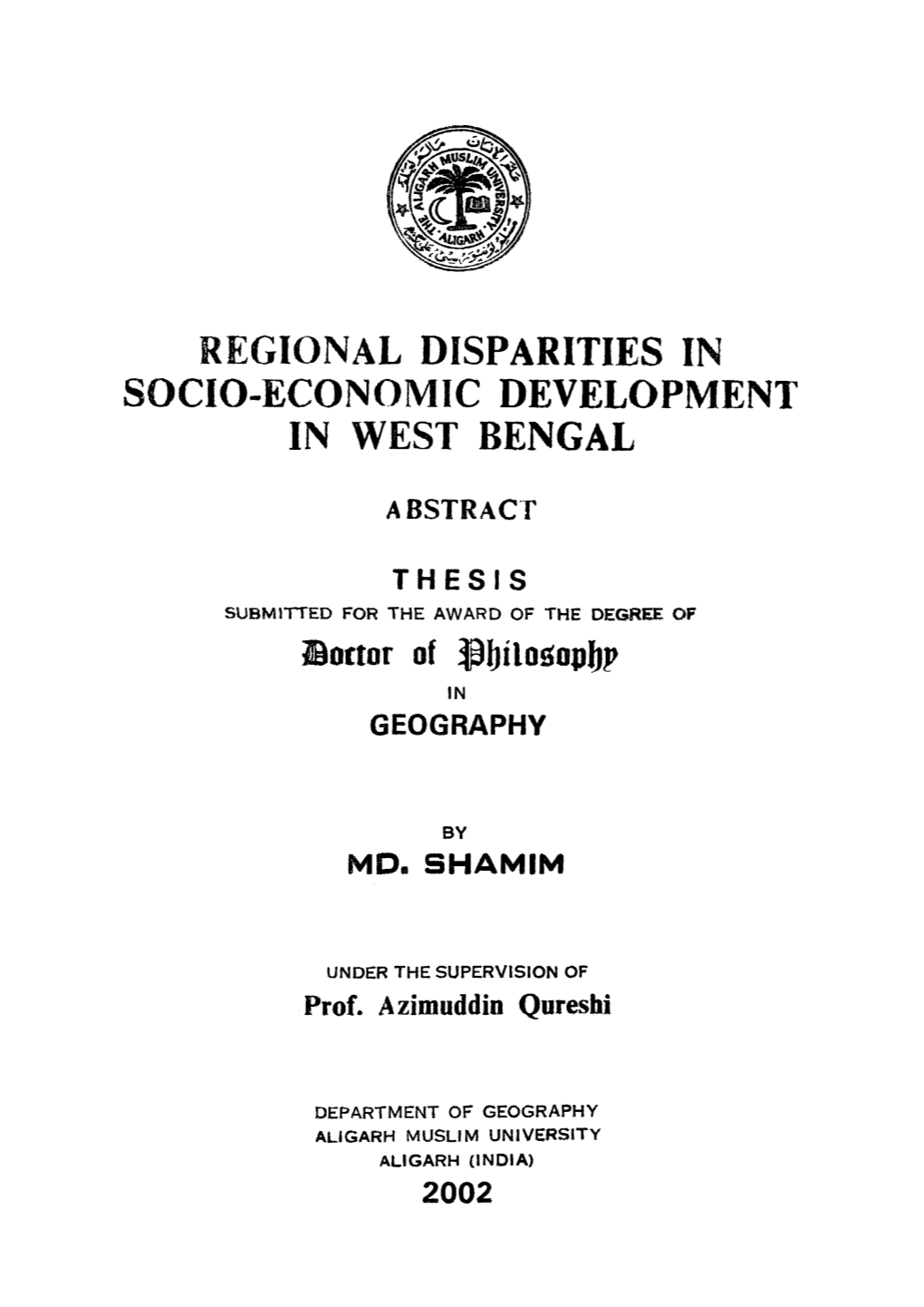 Regional Disparities in Socio-Economic Development in West Bengal