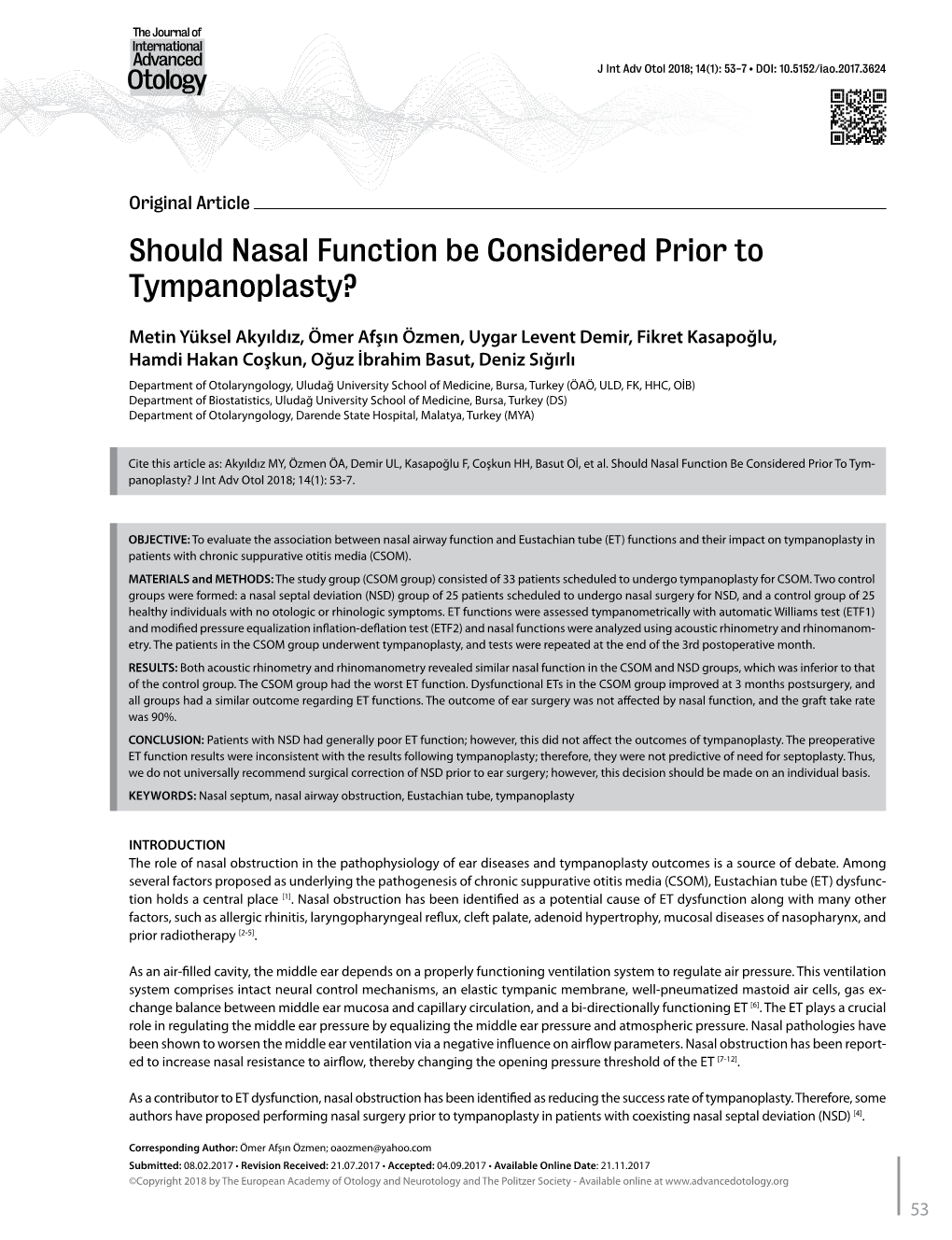 Should Nasal Function Be Considered Prior to Tympanoplasty?