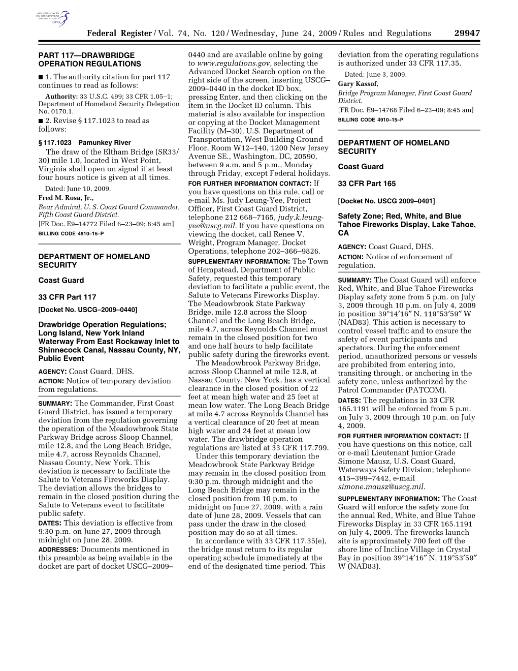 Federal Register/Vol. 74, No. 120/Wednesday, June 24, 2009