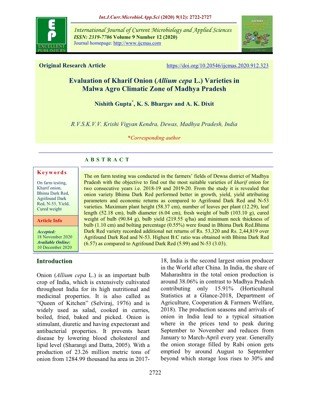 Evaluation of Kharif Onion (Allium Cepa L.) Varieties in Malwa Agro Climatic Zone of Madhya Pradesh