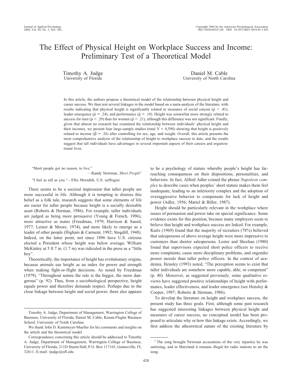 Height on Workplace Success and Income: Preliminary Test of a Theoretical Model