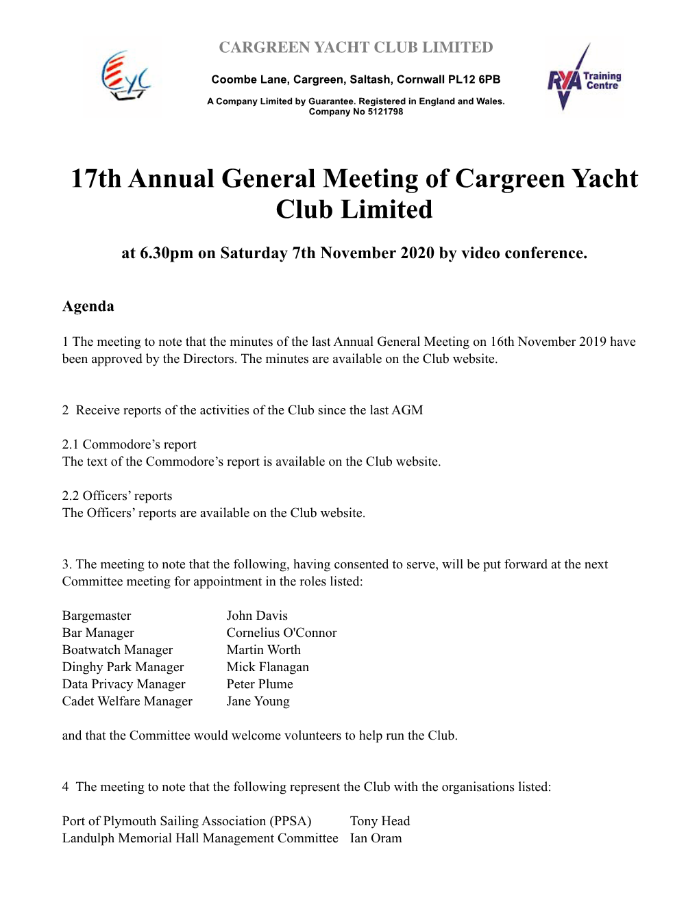 17Th Annual General Meeting of Cargreen Yacht Club Limited