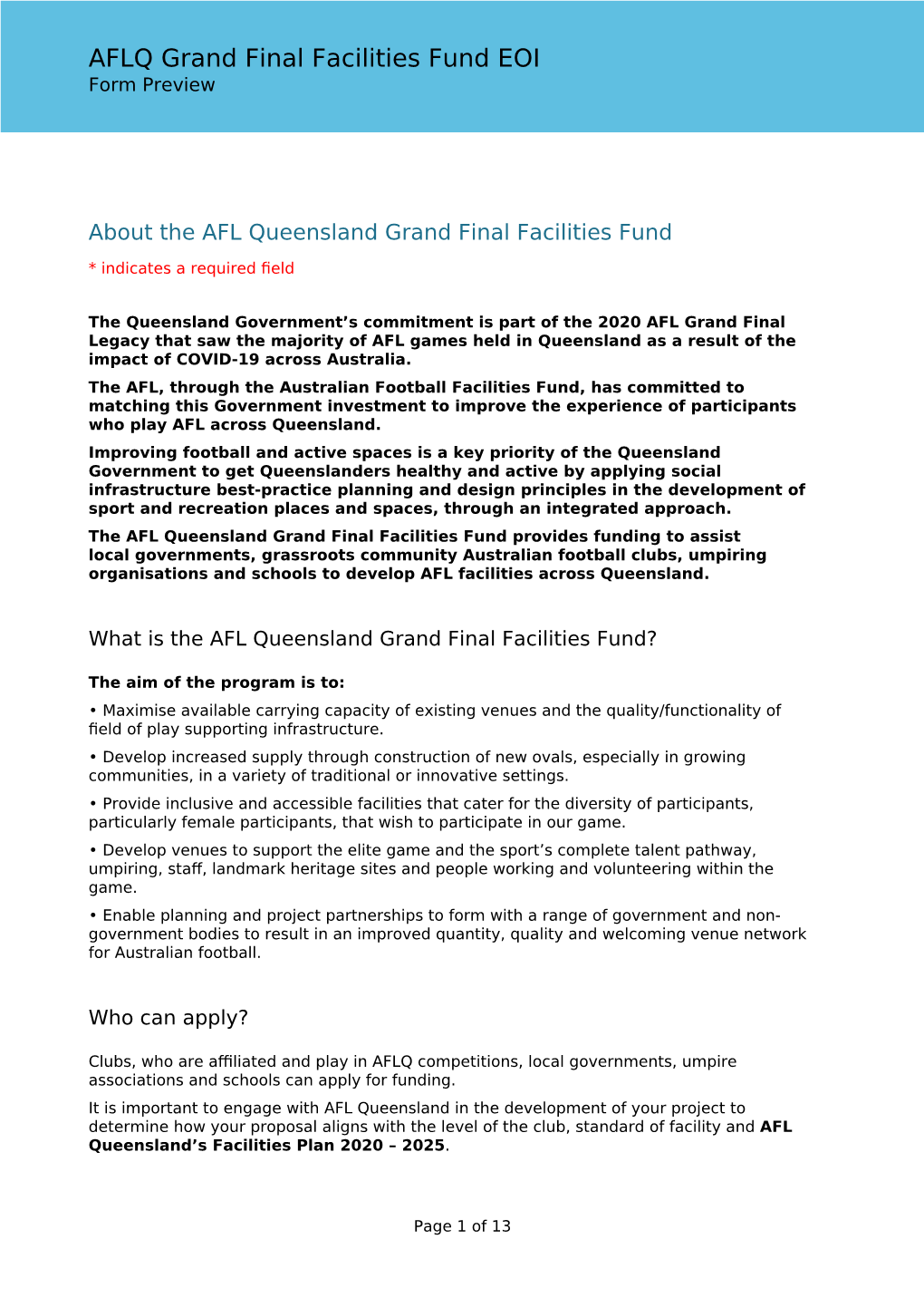 AFLQ Grand Final Facilities Fund EOI Form Preview