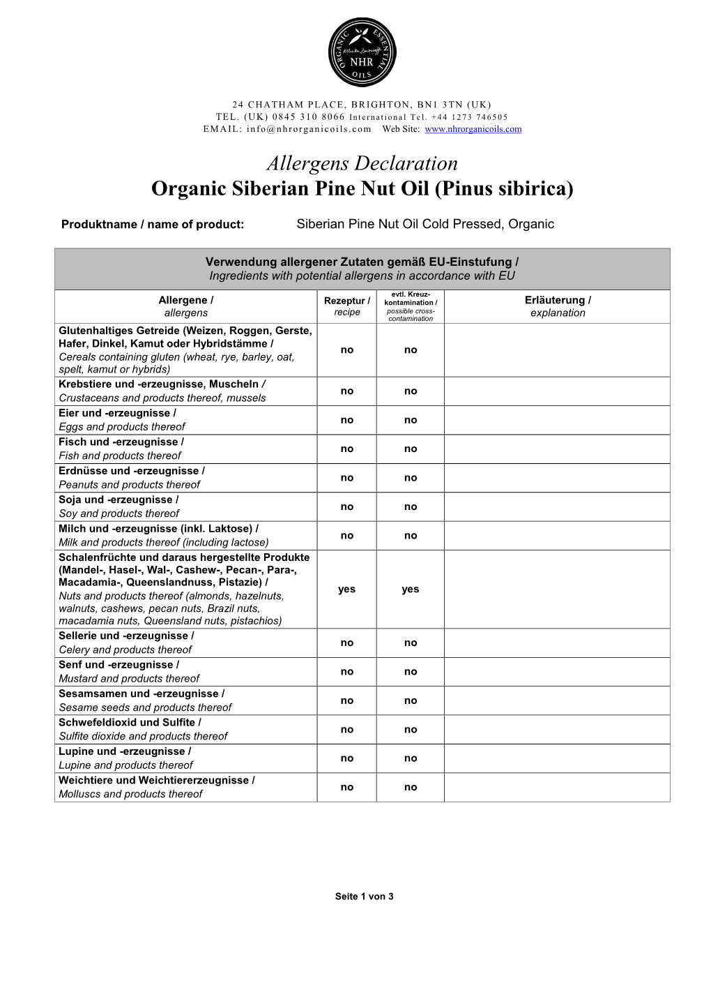 Allergens Declaration Organic Siberian Pine Nut Oil (Pinus Sibirica)