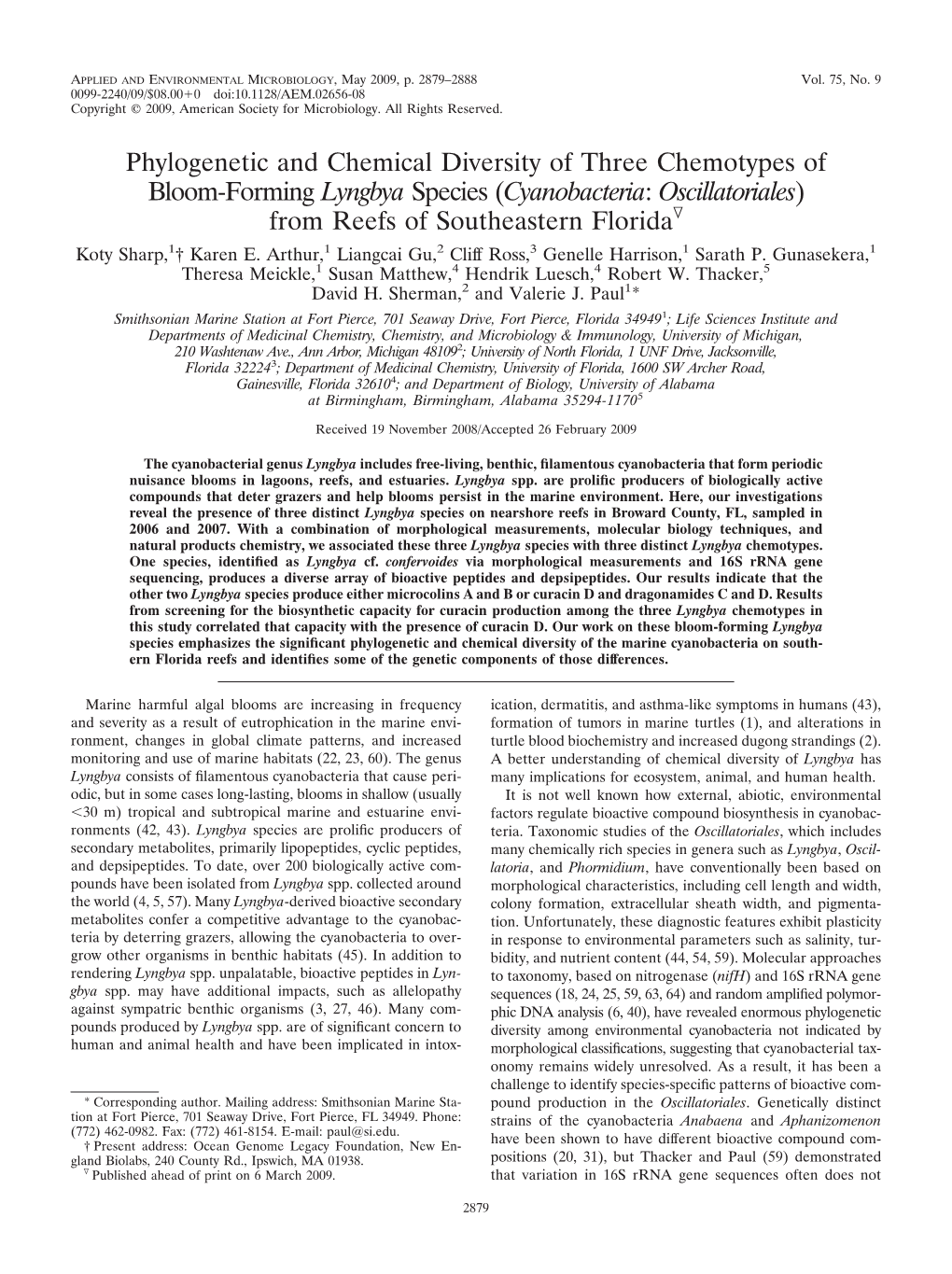 Cyanobacteria: Oscillatoriales) from Reefs of Southeastern Floridaᰔ Koty Sharp,1† Karen E