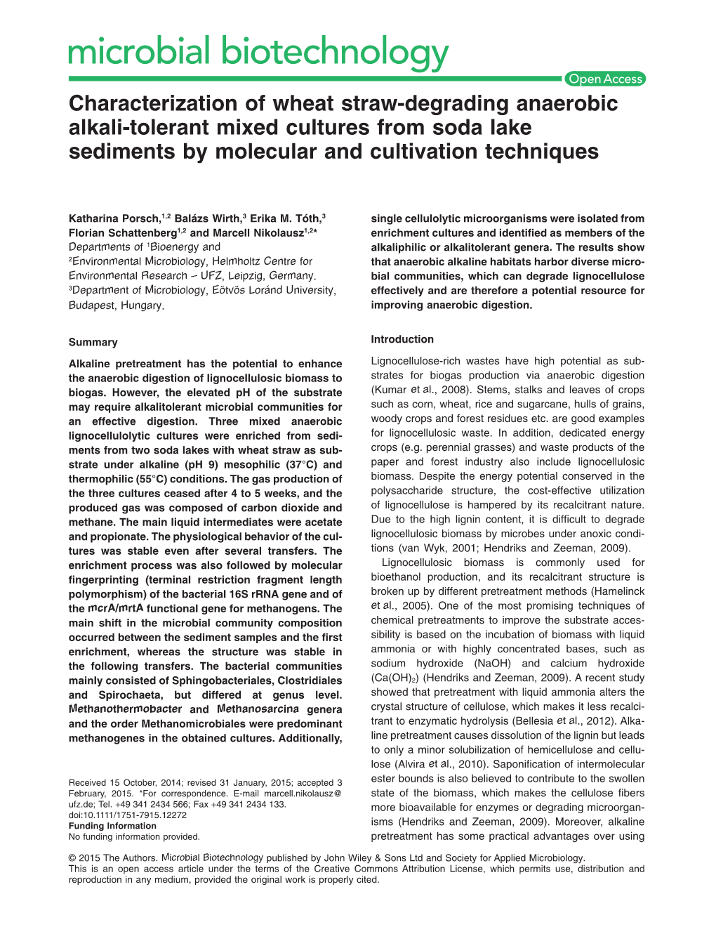 Characterization of Wheat Straw-Degrading Anaerobic Alkali-Tolerant Mixed Cultures from Soda Lake Sediments by Molecular and Cultivation Techniques