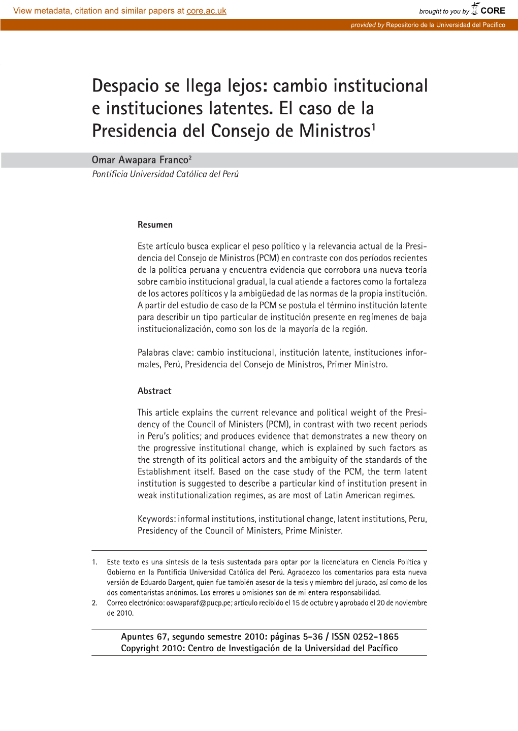 Cambio Institucional E Instituciones Latentes. El Caso De La Presidencia Del Consejo De Ministros1