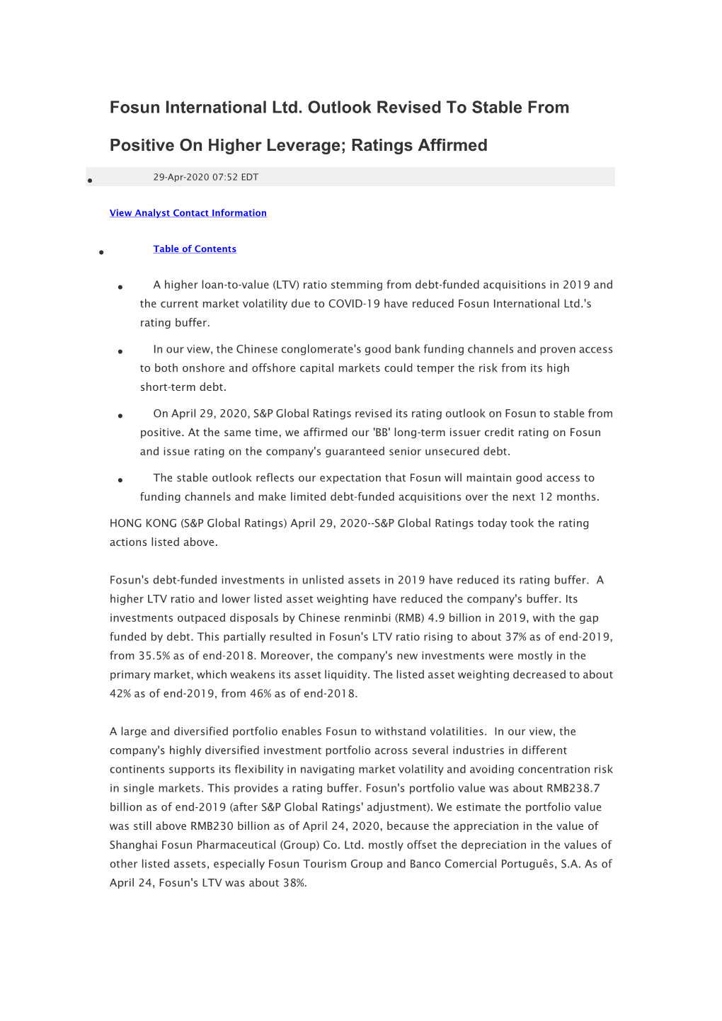 Fosun International Ltd. Outlook Revised to Stable from Positive