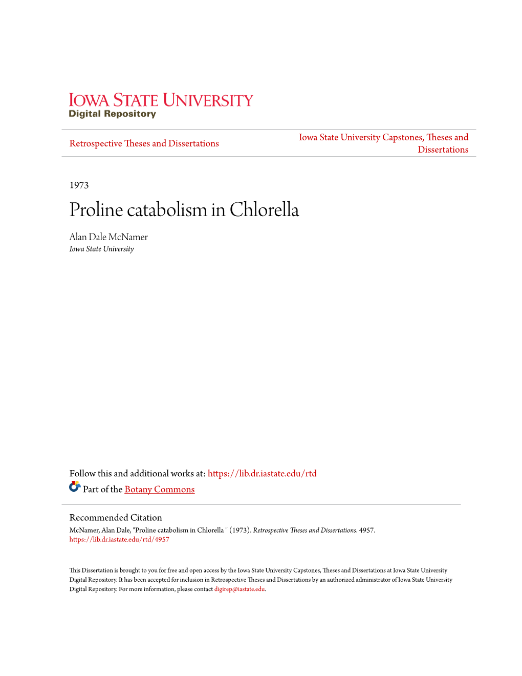 Proline Catabolism in Chlorella Alan Dale Mcnamer Iowa State University