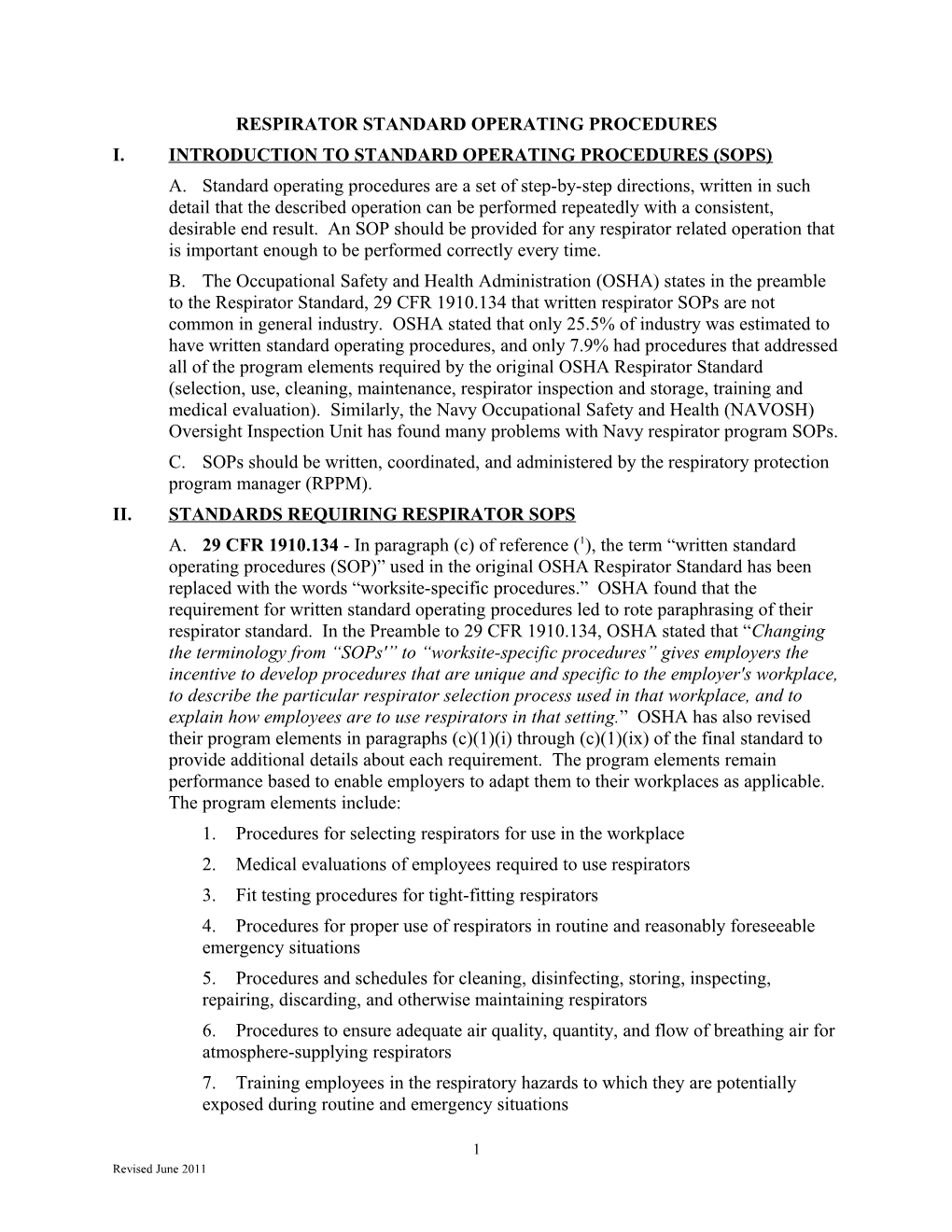 Respirator Standard Operating Procedures