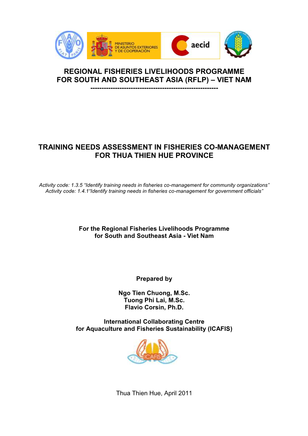 Regional Fisheries Livelihoods Programme for South and Southeast Asia (Rflp) – Viet Nam Training Needs Assessment in Fisheries