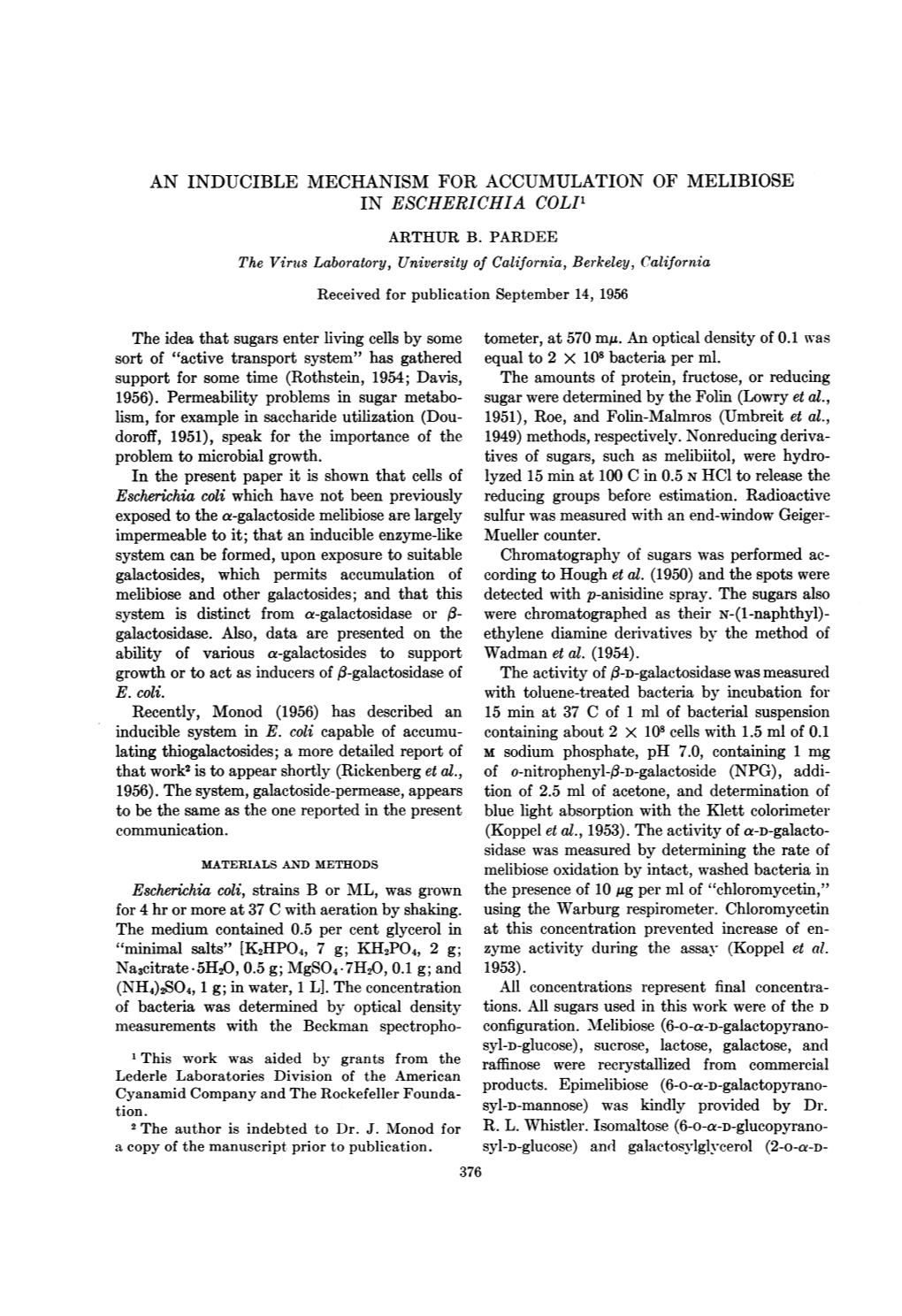 An Inducible Mechanism for Accumulation of Melibiose in Escherichia Coli' Arthur B