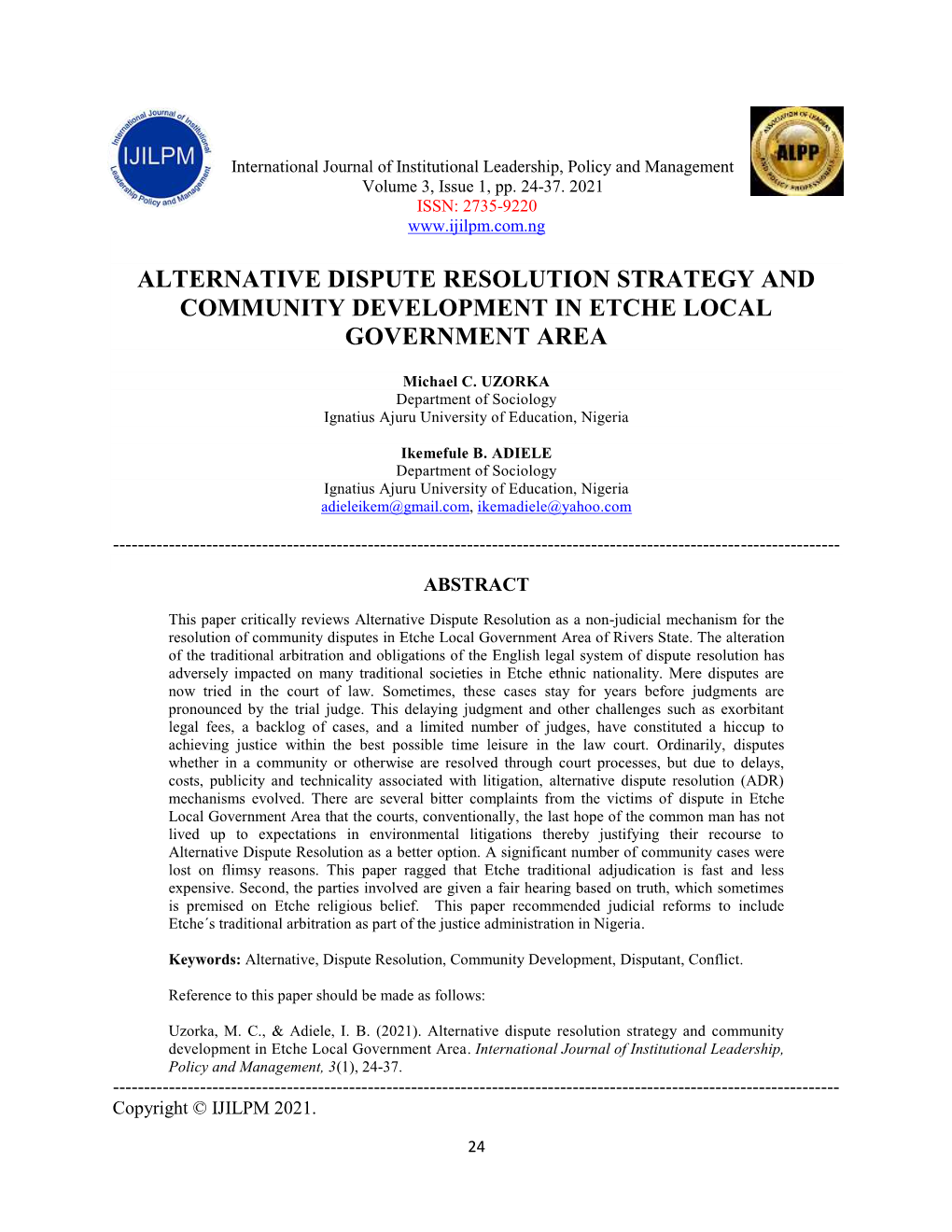 Alternative Dispute Resolution Strategy and Community Development in Etche Local Government Area