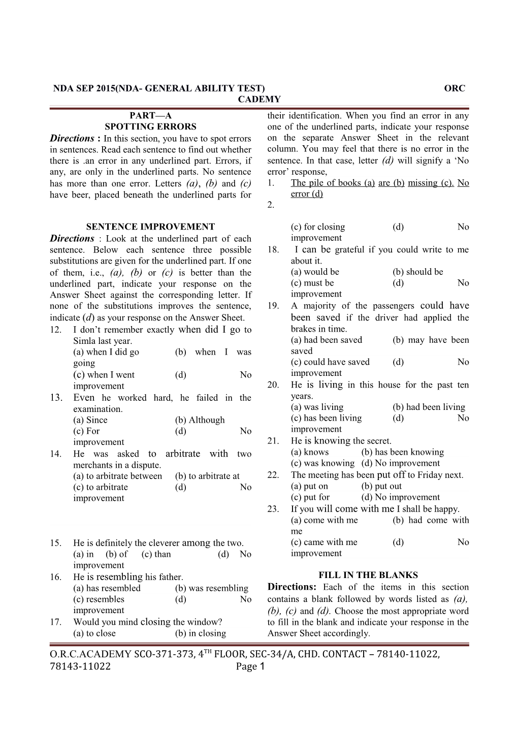 Nda Sep 2015(Nda- General Ability Test) Orc Cademy