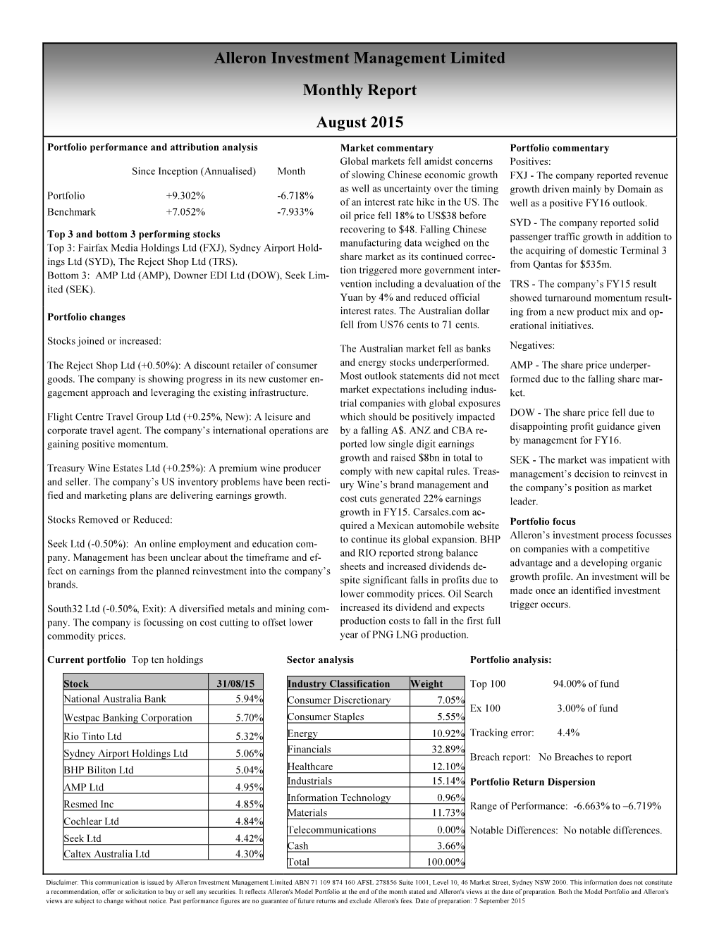 Alleron Investment Management Limited Monthly Report August 2015