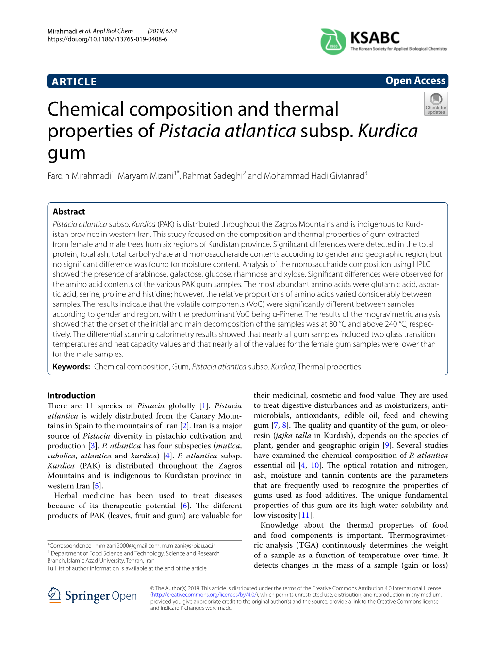 Chemical Composition and Thermal Properties of Pistacia Atlantica Subsp