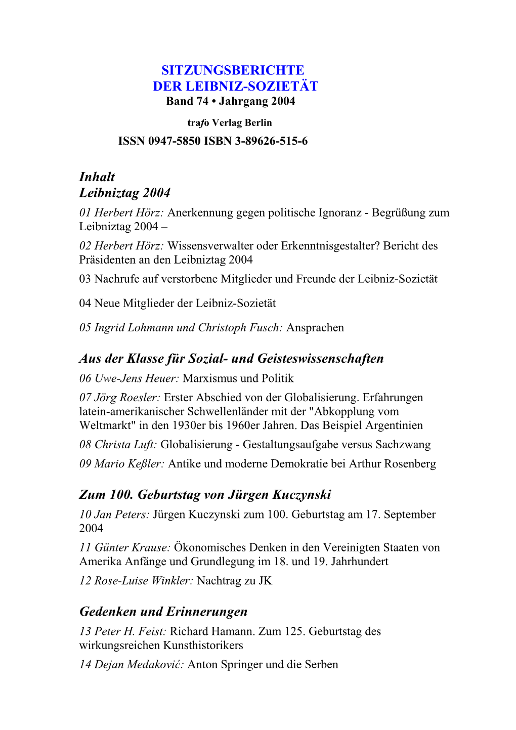 Sitzungsberichte Der Leibniz-Sozietät, Jahrgang 2004, Band 74