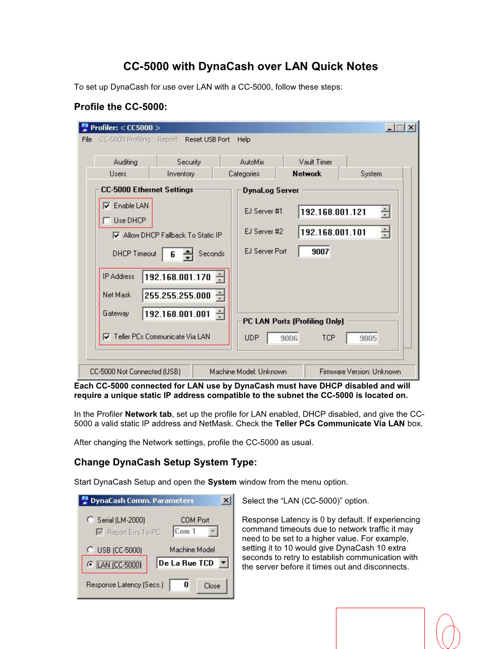 CC-5000 with Dynacash Over LAN Quick Notes