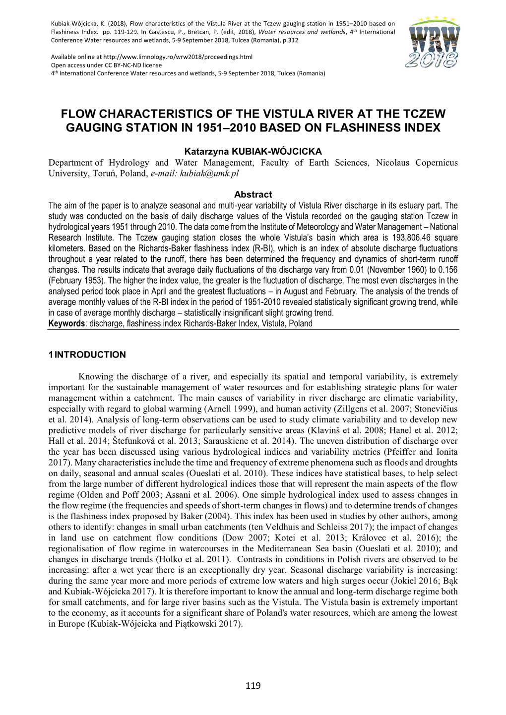 Flow Characteristics of the Vistula River at the Tczew Gauging Station in 1951–2010 Based on Flashiness Index