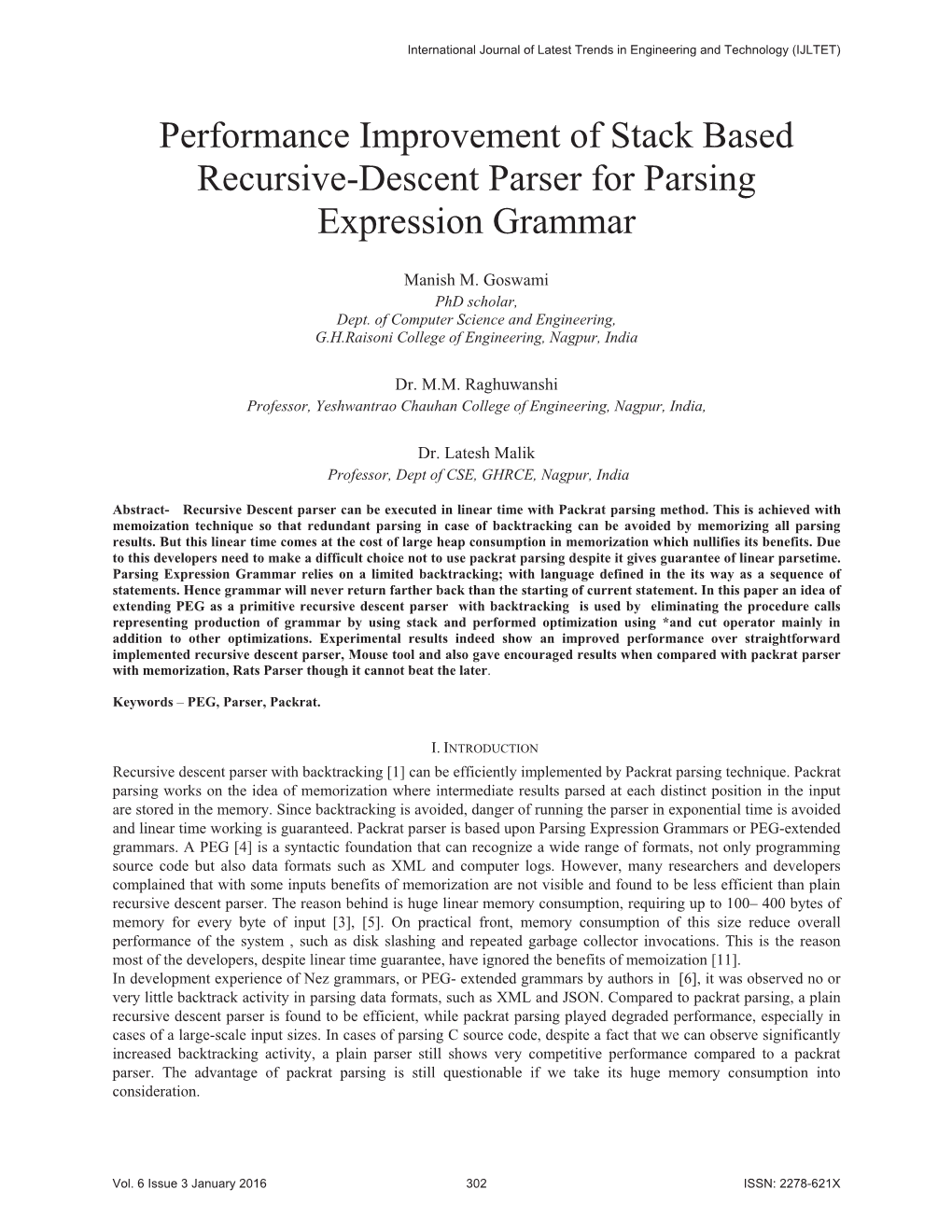 Performance Improvement of Stack Based Recursive-Descent Parser for Parsing Expression Grammar