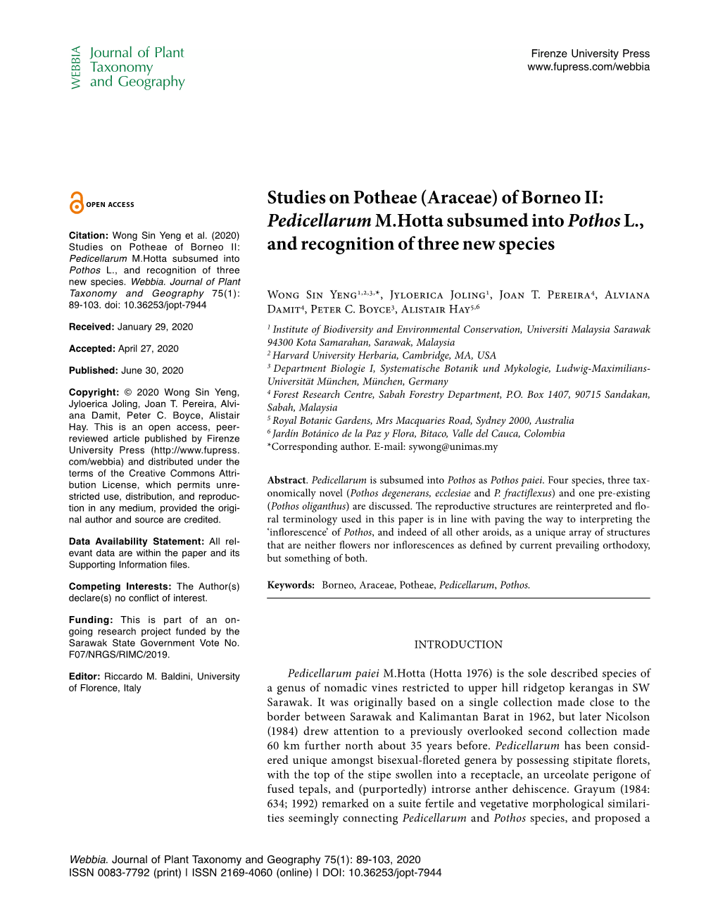 Studies on Potheae (Araceae) of Borneo II: Pedicellarum M.Hotta Subsumed Into Pothos L., Citation: Wong Sin Yeng Et Al
