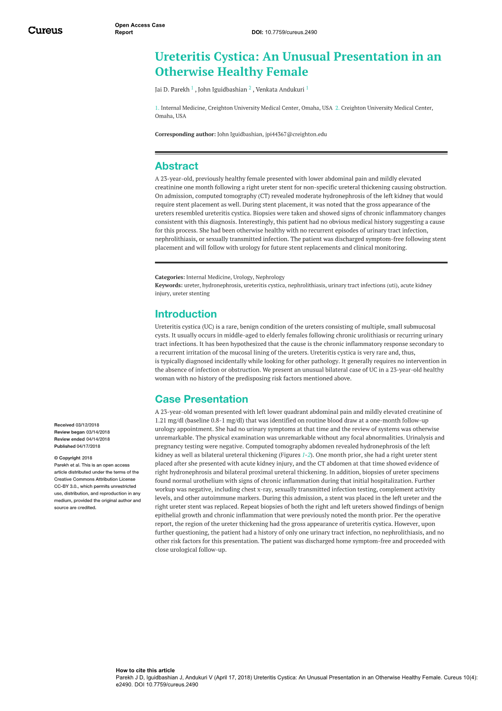 Ureteritis Cystica: an Unusual Presentation in an Otherwise Healthy Female